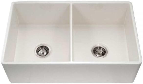 Houzer Platus Fireclay Series 33" Double Bowl Apron Front/Undermount, Chip And Crack Resistant Kitchen Sink, PTD-4400 BQ