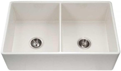 Houzer Platus White Fireclay Kitchen Sink: 33 Inch Apron Front Farmhouse 50/50 Double Bowl Sink, Durable & Versatile, Essential for Home and Apartment PTD-4400 WH