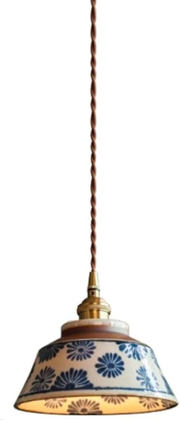 Chinese Retro Pendent Lamp,Indoor Under Glaze Colored Ceramics Ceiling Hanging Light,Adjustable Creative Home Kitchen Island Suspended Lighting Fixture,Bedroom Bedside Chandelier E 26 Base