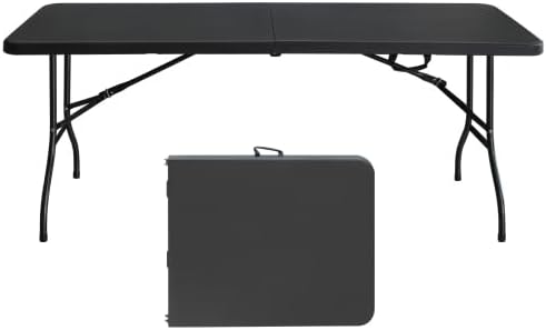 GlowSol Folding Table 6FT, Heavy Duty Portable Plastic Folding Table with Handle, Anti-Slip Feet, Waterproof, Easy to Clean, 300LBS Capacity, Foldable for Indoor Outdoor Use, Black