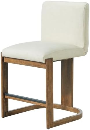 Bar Stools Set of 2, Linen Upholstered Counter Height Barstools with Walnut-Finished Solid Rubberwood Legs, Comfortable Kitchen Island Chairs for Home Bar Coffee Shop, Beige