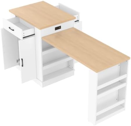 Bellemave Kitchen Island with Extendable Dining Table, 80.7" Kitchen Storage Islands with Double-Door Cabinet, Power Outlet, 2 Drawers & 2 Open Shelves, Temporary Breakfast Bar (White/80.7")