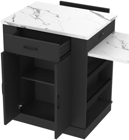 Bellemave Kitchen Island with Extendable Dining Table, 80.7" Kitchen Storage Islands with Double-Door Cabinet, Power Outlet, 2 Drawers & 2 Open Shelves, Temporary Breakfast Bar (Black/80.7")