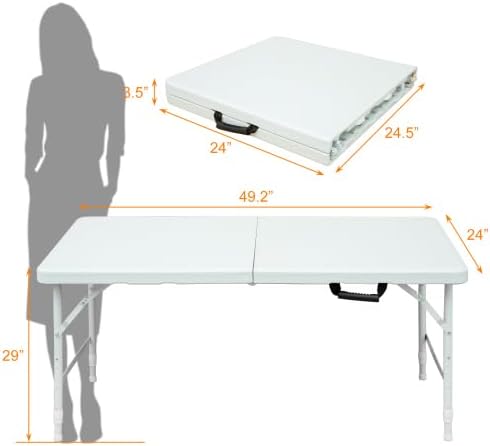 GlowSol Folding Table 4FT, Heavy Duty Portable Plastic Folding Table with Handle, Anti-Slip Feet, Waterproof, Easy to Clean, 300LBS Capacity, Foldable for Indoor Outdoor Use, White