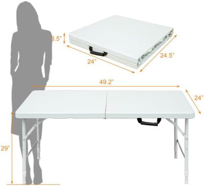 GlowSol Folding Table 4FT, Heavy Duty Portable Plastic Folding Table with Handle, Anti-Slip Feet, Waterproof, Easy to Clean, 300LBS Capacity, Foldable for Indoor Outdoor Use, White