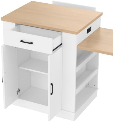 White cabinet with a wooden top and side panel on a white background