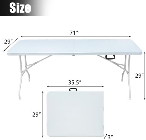 Measurement chart of a folding table with dimensions labeled.