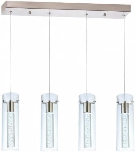 Modern pendant light fixture with four cylindrical glass shades on a white background