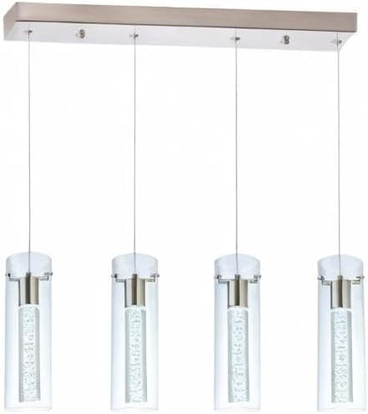 Modern pendant light fixture with four cylindrical glass shades on a white background