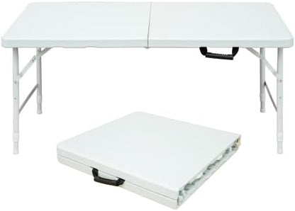 GlowSol Folding Table 4FT, Heavy Duty Portable Plastic Folding Table with Handle, Anti-Slip Feet, Waterproof, Easy to Clean, 300LBS Capacity, Foldable for Indoor Outdoor Use, White