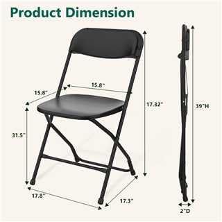 Black folding chair with dimensions labeled on a white background