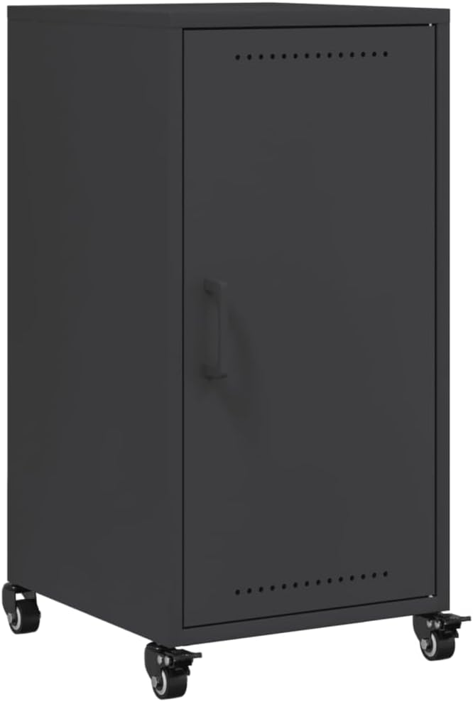 Modern Black Steel Sideboard Buffet Cabinet 15.4 x 14.2 x 28.3 in, Compact Coffee Bar Storage with Smooth Sliding Door & Wheels for Living Room, Entryway or Small Kitchen