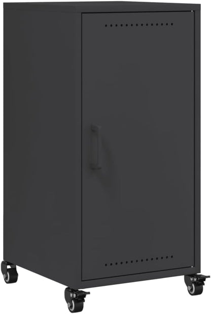 Modern Black Steel Sideboard Buffet Cabinet 15.4 x 14.2 x 28.3 in, Compact Coffee Bar Storage with Smooth Sliding Door & Wheels for Living Room, Entryway or Small Kitchen