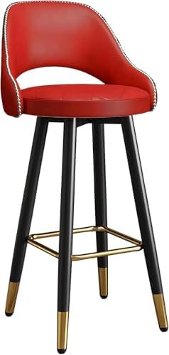 Red bar stool with black legs and gold accents on a white background