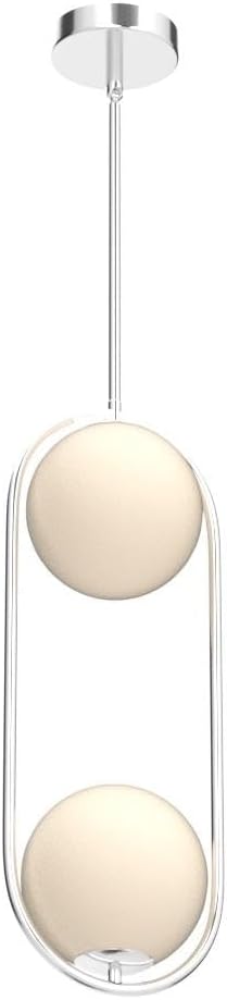 Modern pendant light with two round beige shades and a chrome fixture.