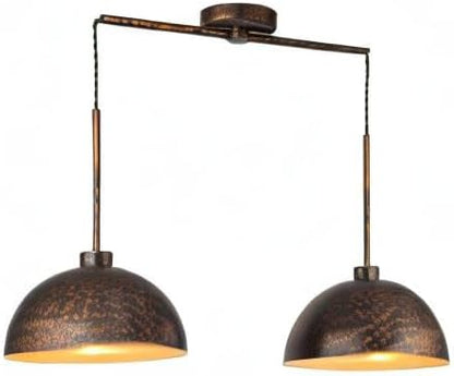 Double pendant light fixture with rustic metal design on a white background