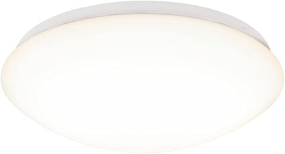 Round ceiling light fixture with white finish on a white background