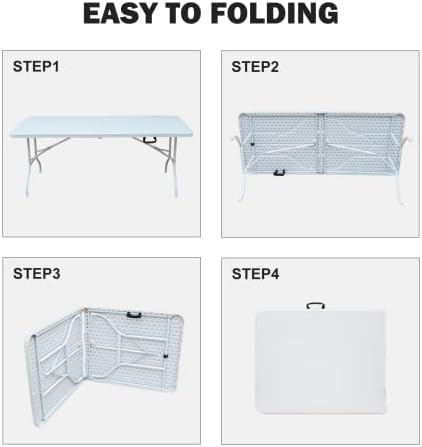 GlowSol Folding Table 6FT, Heavy Duty Portable Plastic Folding Table with Handle, Anti-Slip Feet, Waterproof, Easy to Clean, 300LBS Capacity, Foldable for Indoor Outdoor Use, White