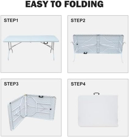 GlowSol Folding Table 6FT, Heavy Duty Portable Plastic Folding Table with Handle, Anti-Slip Feet, Waterproof, Easy to Clean, 300LBS Capacity, Foldable for Indoor Outdoor Use, White