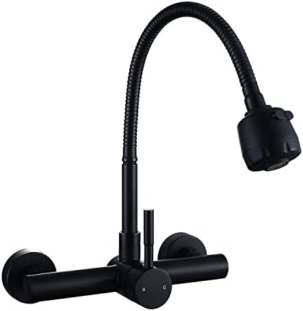 Wall Mount Kitchen Faucet with Sprayer 8“ Center,Matte Black Stainless Steel Sink Mixer Tap, Laundry Utility Faucets with Dual Functionals Sprayer