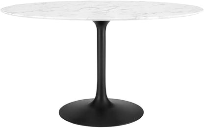Modway Lippa 54" Oval-Shaped Mid-Century Modern Dining Table with Artificial Marble Top and Black Base