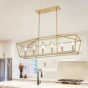Modern Kitchen Island Lighting,6-Light Linear Farmhouse Chandelier Industrial Pendant Light Fixtures with Gold Metal Frame for Bar, Dining Room, Living Room,Restaurant,Foyer