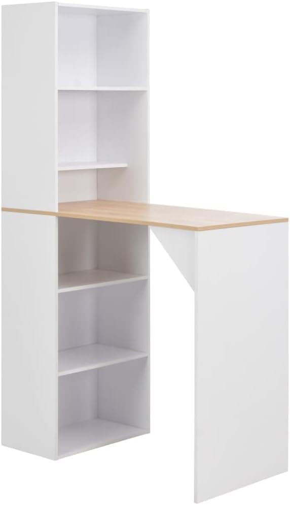 White Bar Table for Dining, Natural Engineered Wood Kitchen Island with Storage Shelves, Ideal for Small Spaces
