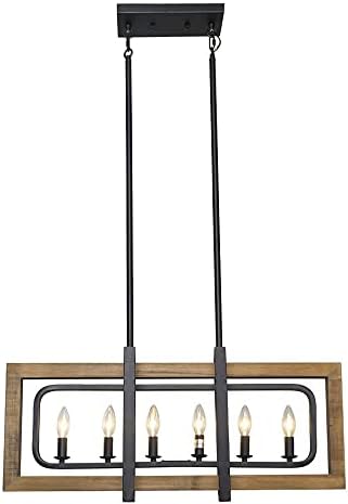 LOG BARN Farmhouse Chandelier, Pendant Lighting for Kitchen Island in Distressed Wood and Black Metal Finish, Ceiling Hanging Fixture for Dining Room