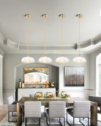 Mid Century Modern Pendant Light Nordic White Chandelier with Hand Blown Flower Glass Shade Brass Adjustable Height Dining Table Pendant Lamp with Switch for Kitchen Island Dining Room Hotel