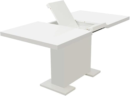 White High Gloss Extendable Dining Table 31.5 x 59.1 in, Modern MDF Kitchen Table Seats 6, Steel Legs Expandable Console for Small Dining Room Living Area