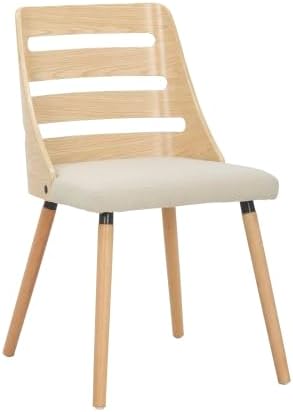 Mid Century Modern Dining Chair, Accent Chair with Cream Fabric Upholstered Cushioned Seat, Cut-Out Backrest, Natural Solid Wood Legs, for Kitchen Island or Living Room