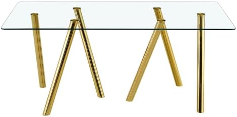 Donext 71" Rectangular Tempered Glass Dining Table, Sturdy Metal Legs, Modern Kitchen Dining Room Table, Easy to Clean, Gold