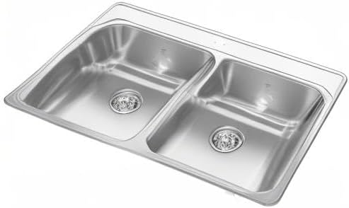 Kindred Creemore 33-in LR x 22-in FB x 8-in DP Drop In Double Bowl 1-Hole Stainless Steel Kitchen Sink, FCDLA3322-8-1CBN
