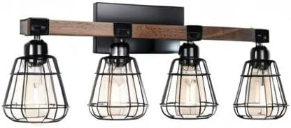 Bathroom Vanity Light Fixture,Rustic 4-Light Wood Wall Light,Industrial Bathroom Lighting Fixture Over Mirror,Modern Matte Black Metal Cage Wall Sconce for Hallway,Kitchen,Bedroom