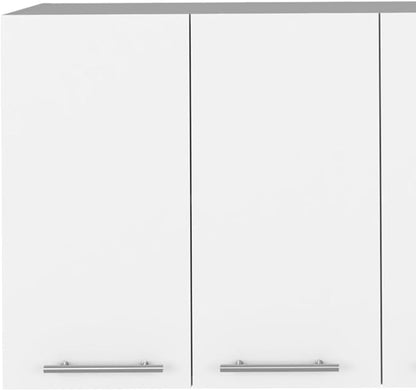 5 Shelf 4 Door 2 Kitchen Set, Kitchen Island and Upper Wall Cabinet White and Walnut RZ252