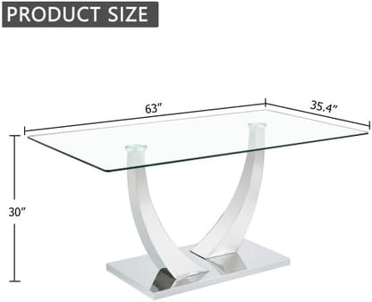Modern Silver Dining Table, 63" Dining Room Table for 4-6 with Heavy Duty Tempered Glass Top, Rectangular Glass Kitchen Table with Sturdy U Shaped Base for Kitchen Dining Room