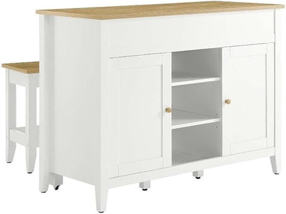 MAKLAINE Contemporary 3-Piece Kitchen Island Set, Oak White Finish, MDF and Particleboard Construction, Butcher Block Countertop, Pull-Out Table, Adjustable Shelves, Includes 2 Backless Stools