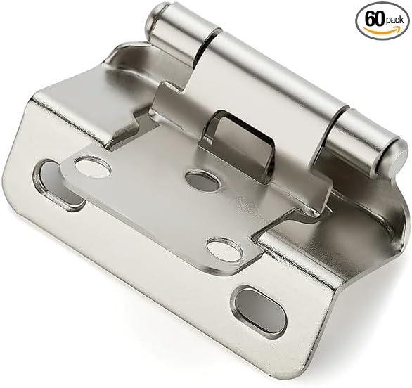 Ravinte 60 Pack 30 Pairs Semi-Overlay 1/2 inch Self-Closing Face Frame Cabinet Hinges Satin Nickel Half Wrap-Around Kitchen Cabinet Door Hinges Face Mount Cabinet Hardware