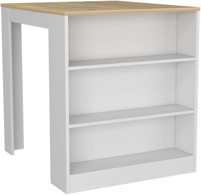 Kitchen Island Table, Two Legs, Three Side Shelves, White/Pine