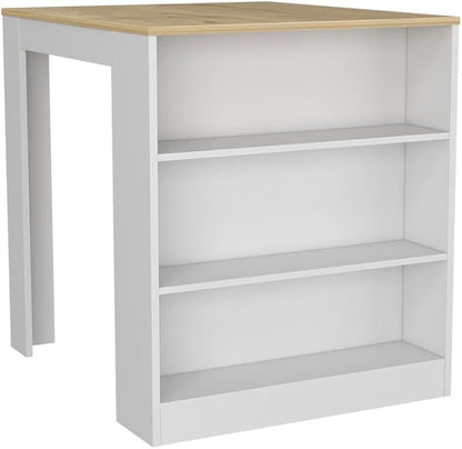Kitchen Island Table, Two Legs, Three Side Shelves, White/Pine