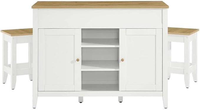 MAKLAINE Contemporary 3-Piece Kitchen Island Set, Oak White Finish, MDF and Particleboard Construction, Butcher Block Countertop, Pull-Out Table, Adjustable Shelves, Includes 2 Backless Stools