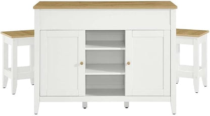 MAKLAINE Contemporary 3-Piece Kitchen Island Set, Oak White Finish, MDF and Particleboard Construction, Butcher Block Countertop, Pull-Out Table, Adjustable Shelves, Includes 2 Backless Stools