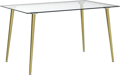 Glass Dining Table for 4 with 51 inch Clear Tempered Glass Top, 0.31" Modern Rectangular Glass Kitchen Table Furniture with 4 Golden Plating Metal Legs for Home Kitchen Room