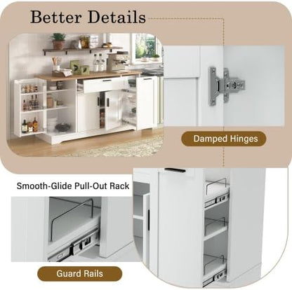 Bellemave Sideboard Buffet Cabinet with Drawer & Adjustable Shelves, Modern Kitchen Pantry with 3-Tier Pull-Out Rack, Coffee Bar Cabinet with Storage for Dining Room, Living Room, Kitchen (White/54)