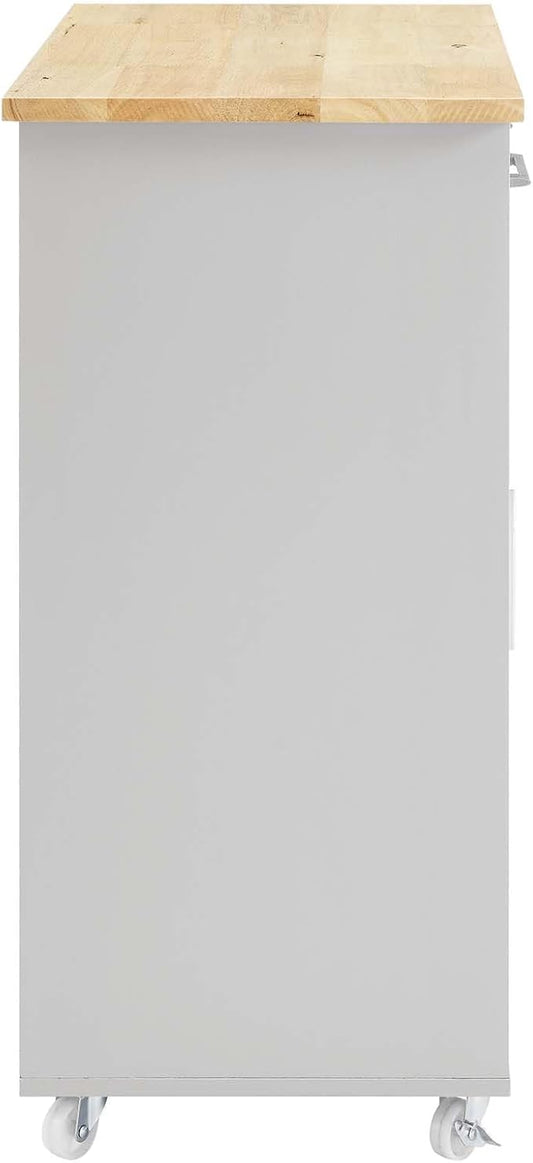 Modway Culinary Rolling Kitchen Cart with Storage in Light Gray Natural - 3 Tiers Kitchen Island on Wheels with Towel Bar, Functional as a Coffee Station, Bar Cabinet or Butcher Block Island