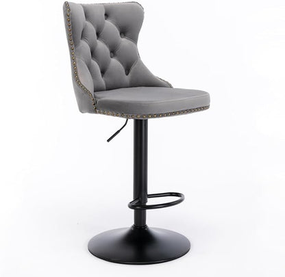 Premium Velvet Upholstered Swivel Bar Stool with Adjustable Height and Tufted Backrest for Kitchen Island, Home Bar, and Dining Space (Gray + Velvet + Foam)