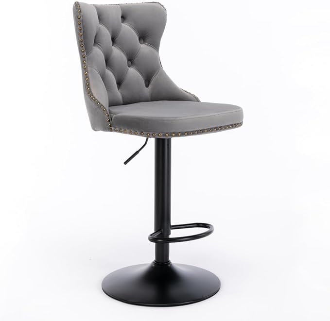 Premium Upholstered Bar Stool with Swivel Seat and Adjustable Height for Kitchen Island, Home Bar, or Dining Counter (Gray + Velvet + Foam)