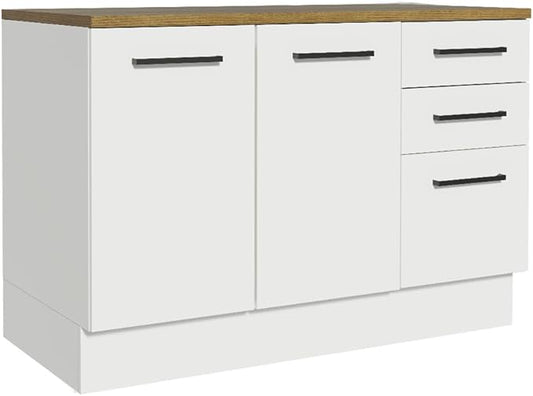Madesa Hazel Kitchen Storage Buffet Base Cabinet with Adjustable Feet 47 Inch Engineered Wood Slab Doors Painted Finish Floor Mount Removable Plinth - White