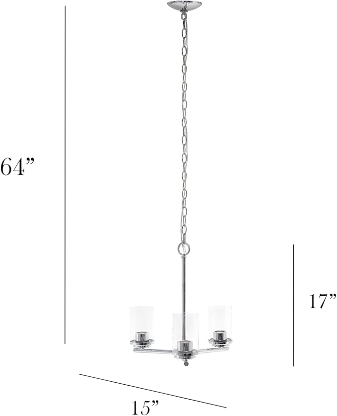 Elegant Designs PT1018-CHR 15" Traditional Vintage Modern Industrial 3-Light Metal and Clear Glass Kitchen Island Foyer Hallway Living Room Den Dining Room Hanging Pendant Chandelier, Chrome