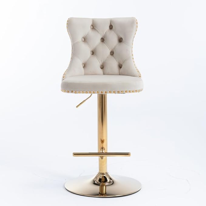 Premium Velvet Upholstered Swivel Bar Stool with Adjustable Height and Tufted Backrest for Kitchen Island, Home Bar, and Dining Space (Beige + Velvet + Foam)